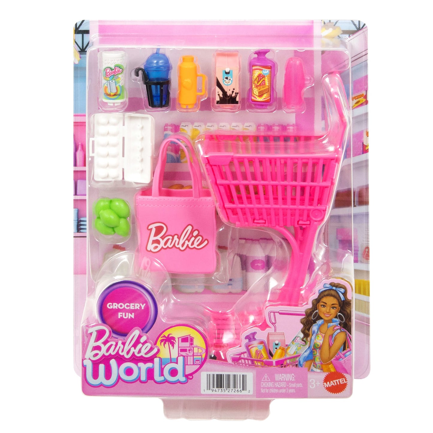 Barbie World Grocery Shopping Toy Set With 11 Doll Accessories Including Cart, Food, Bag, & More