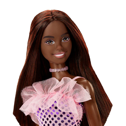 Barbie Poupée Cheveux Brun Foncé et Robe Métallique