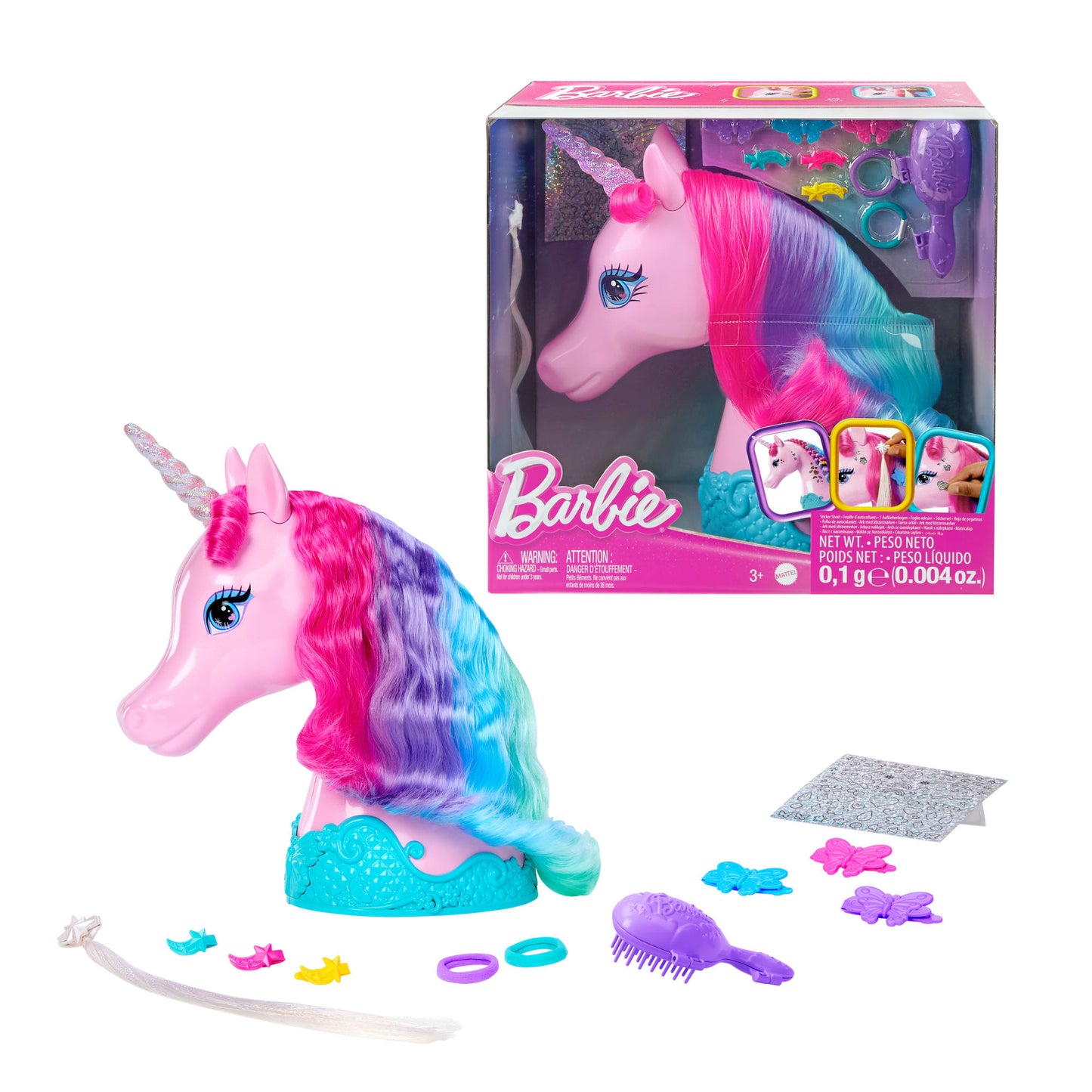 Barbie Unicorn Styling Head, Colorful Hair With Accessories And Stickers