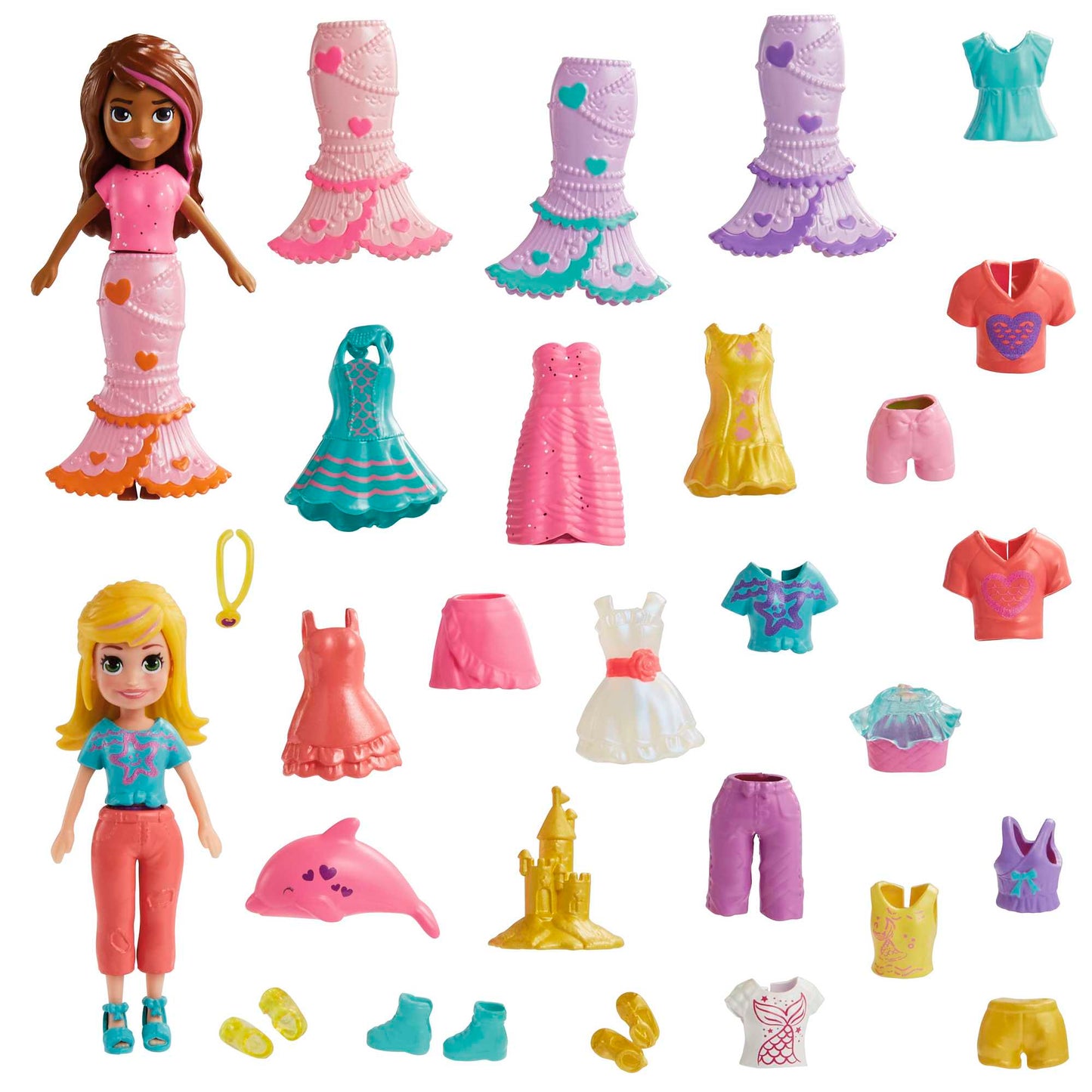Polly Pocket 2 Dolls And 25 Accessories, Color-Change Seashine Mermaid Fashion Pack