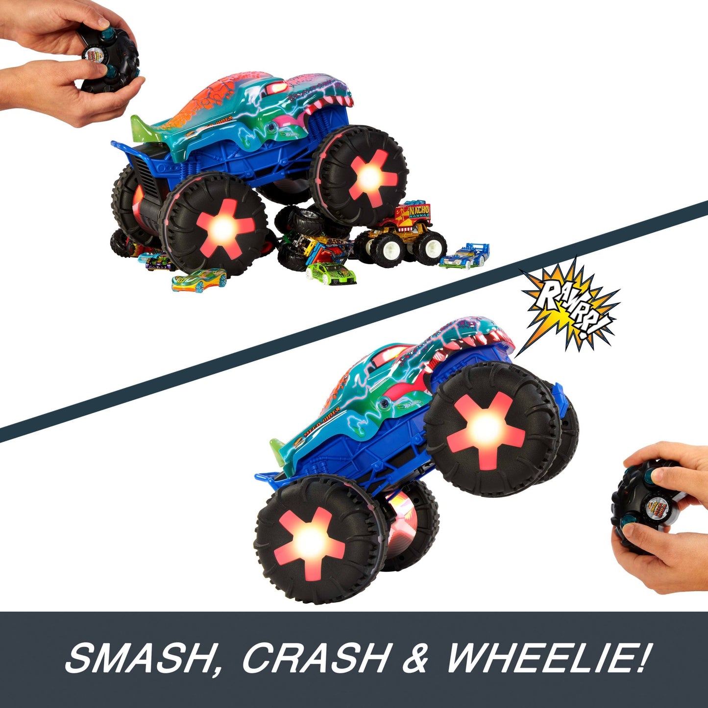 Hot Wheels Monster Trucks 1:15 Scale MEGA-Wrex Alive Remote-Control Vehicle, Battery-Powered RC With interactive Lights & Sounds