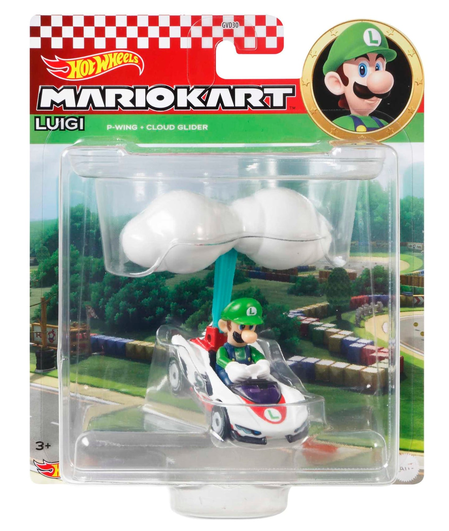 Hot Wheels Mario Kart Vehículo de Juguete Luigi P-Wing con Cloud Glider