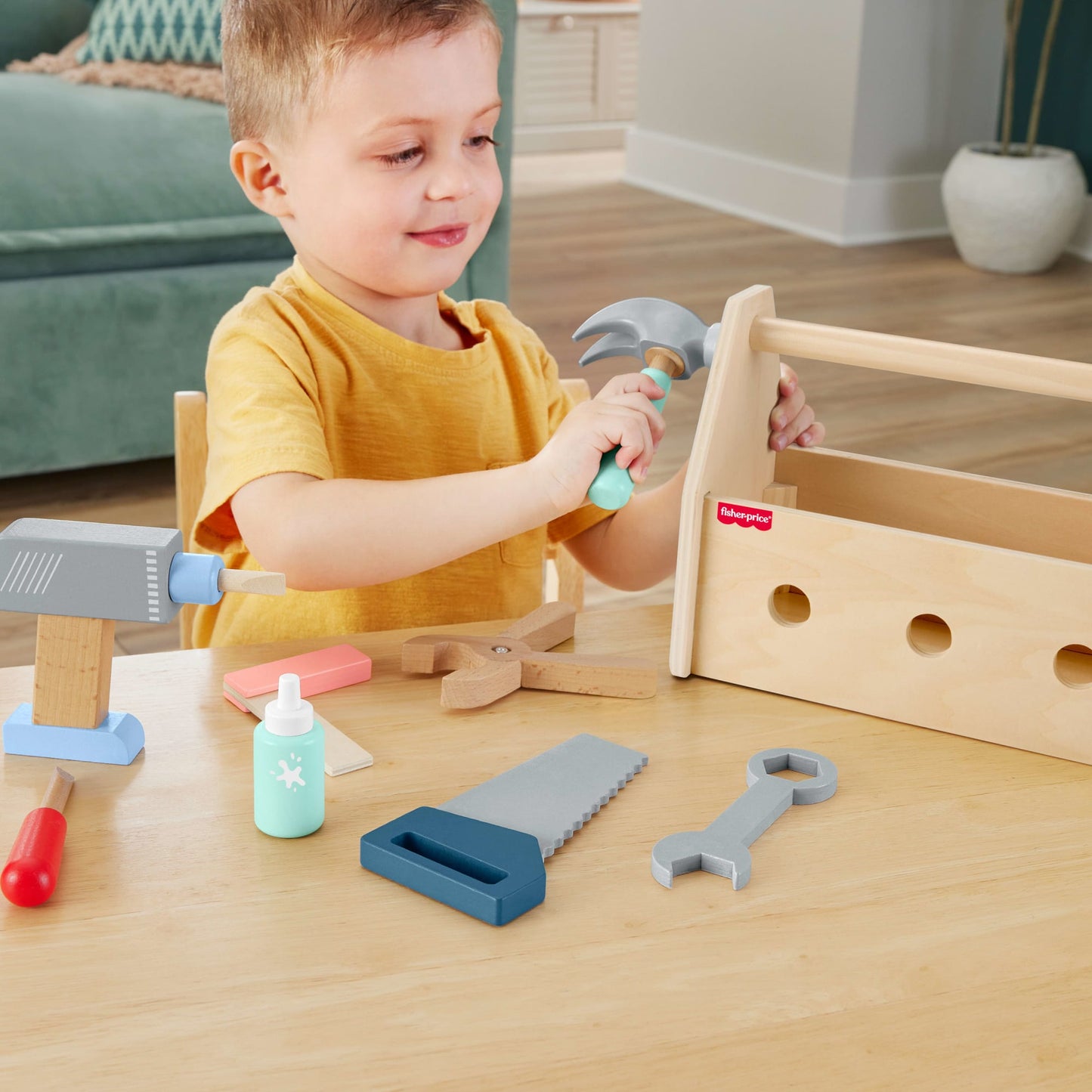 Fisher-Price  Coffret Boîte à Outils en Bois, 9Éléments en Bois