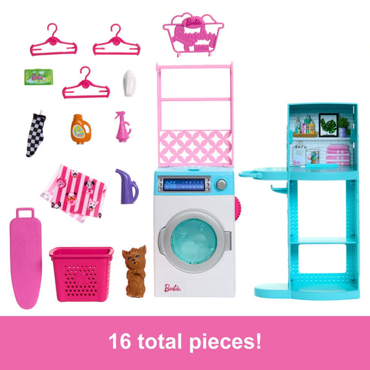 Barbie World Spinning Washer & Dryer Toy Playset With Laundry Accessories Like Hangers, Basket, & More
