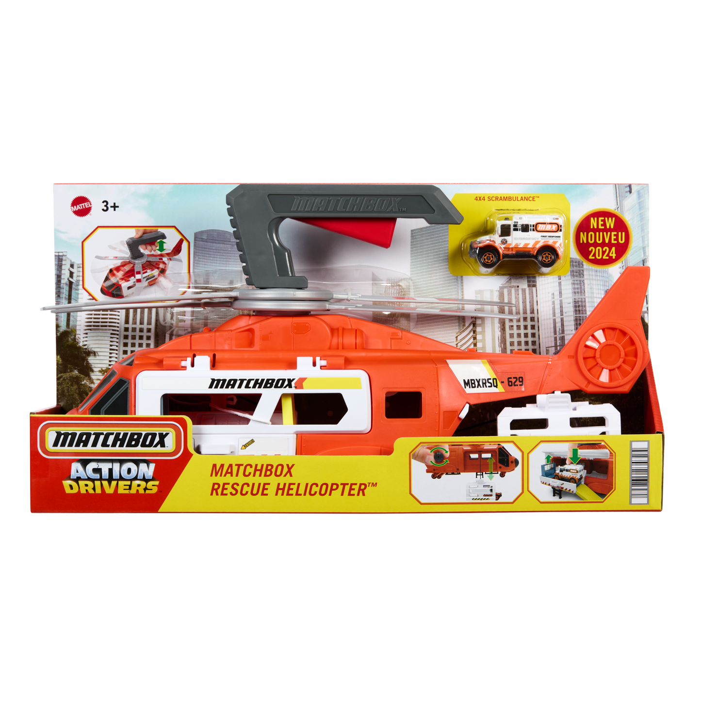 Matchbox Action Drivers Rescue Helicopter,16-in Large-Scale Helicopter With 1:64 Scale Die-Cast Toy Ambulance