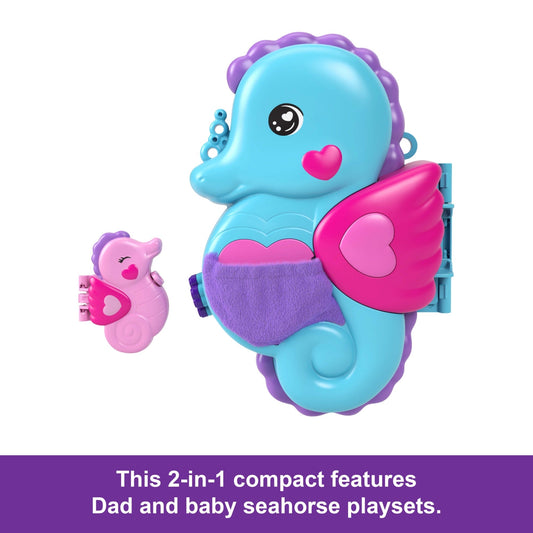 Polly Pocket Daddy & Me Seahorse Purse With 2 Micro Dolls, Pets & 13 Accessories, 2-in-1 Purse & Toy, Starring Shani