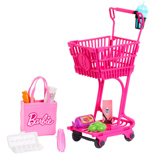 Barbie World Grocery Shopping Toy Set With 11 Doll Accessories including Cart, Food, Bag, & More