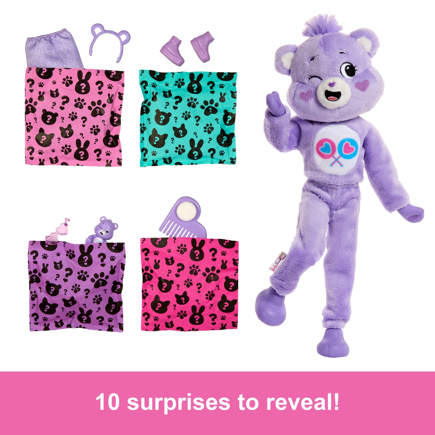 Barbie Cutie Reveal Care Bears Series Doll & Accessories in Share Bear Plush Costume, 10 Surprises