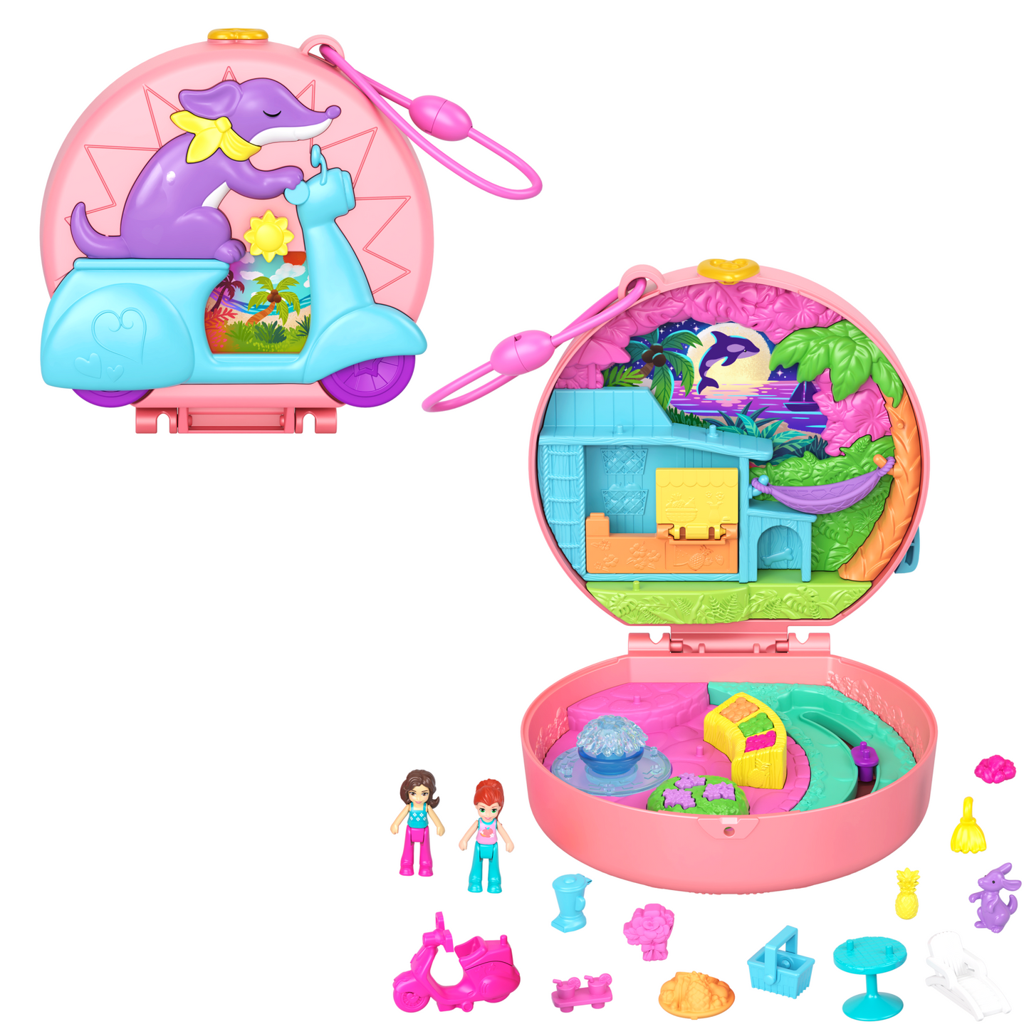 Polly Pocket Adventure Moped Compact With 2 Micro Dolls And Pet, Travel Toy With Animal And Vehicle Accessories
