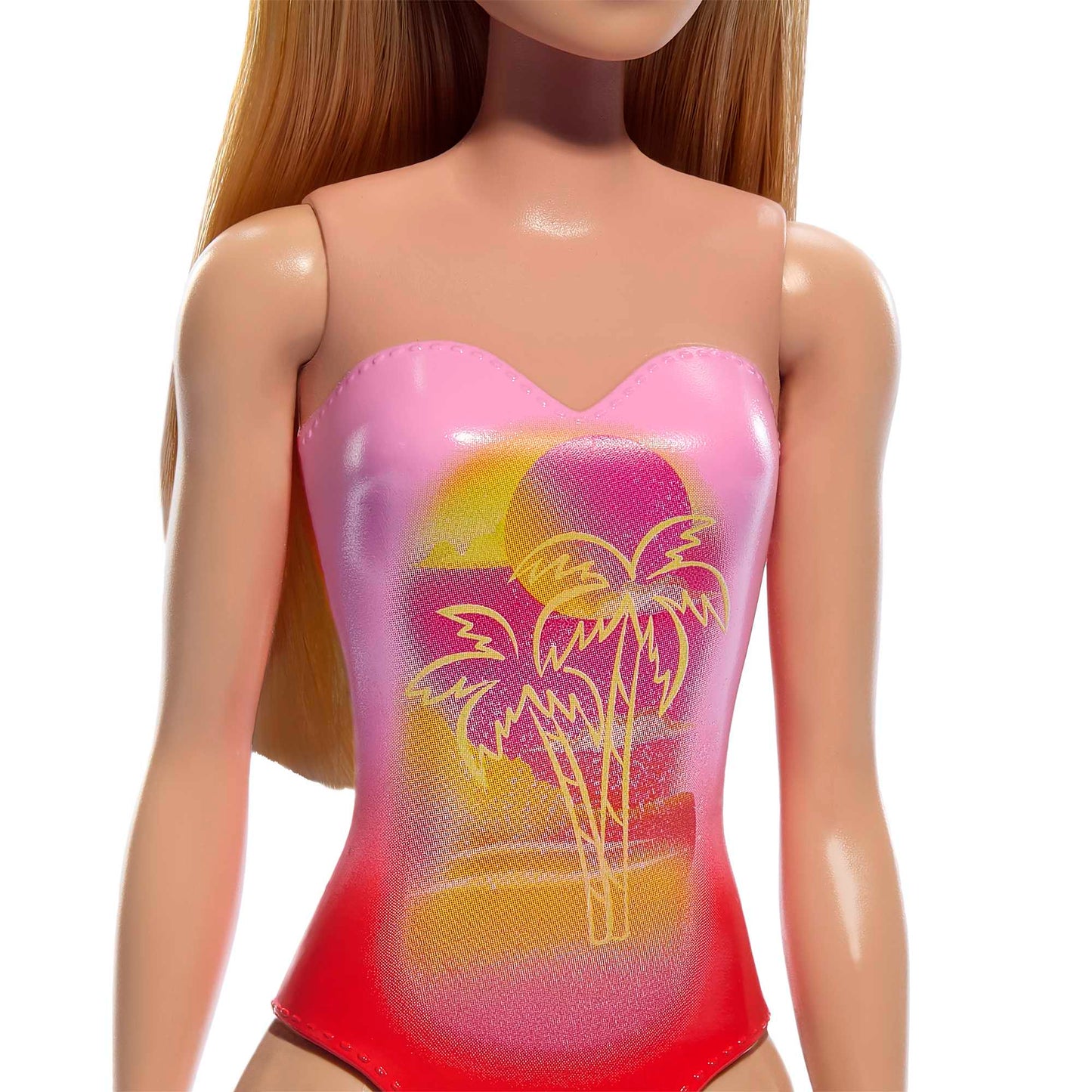Beach Barbie Doll With Blond Hair Wearing Pink Palm Tree-Print Swimsuit