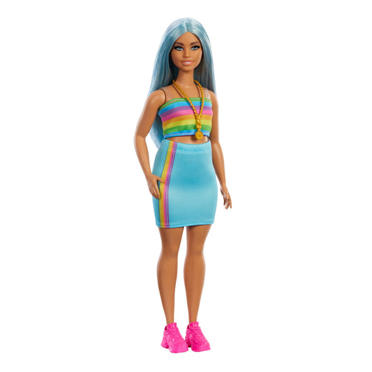 Barbie Fashionistas Doll #218 With Blue Hair, Rainbow Top & Teal Skirt, 65Th Anniversary