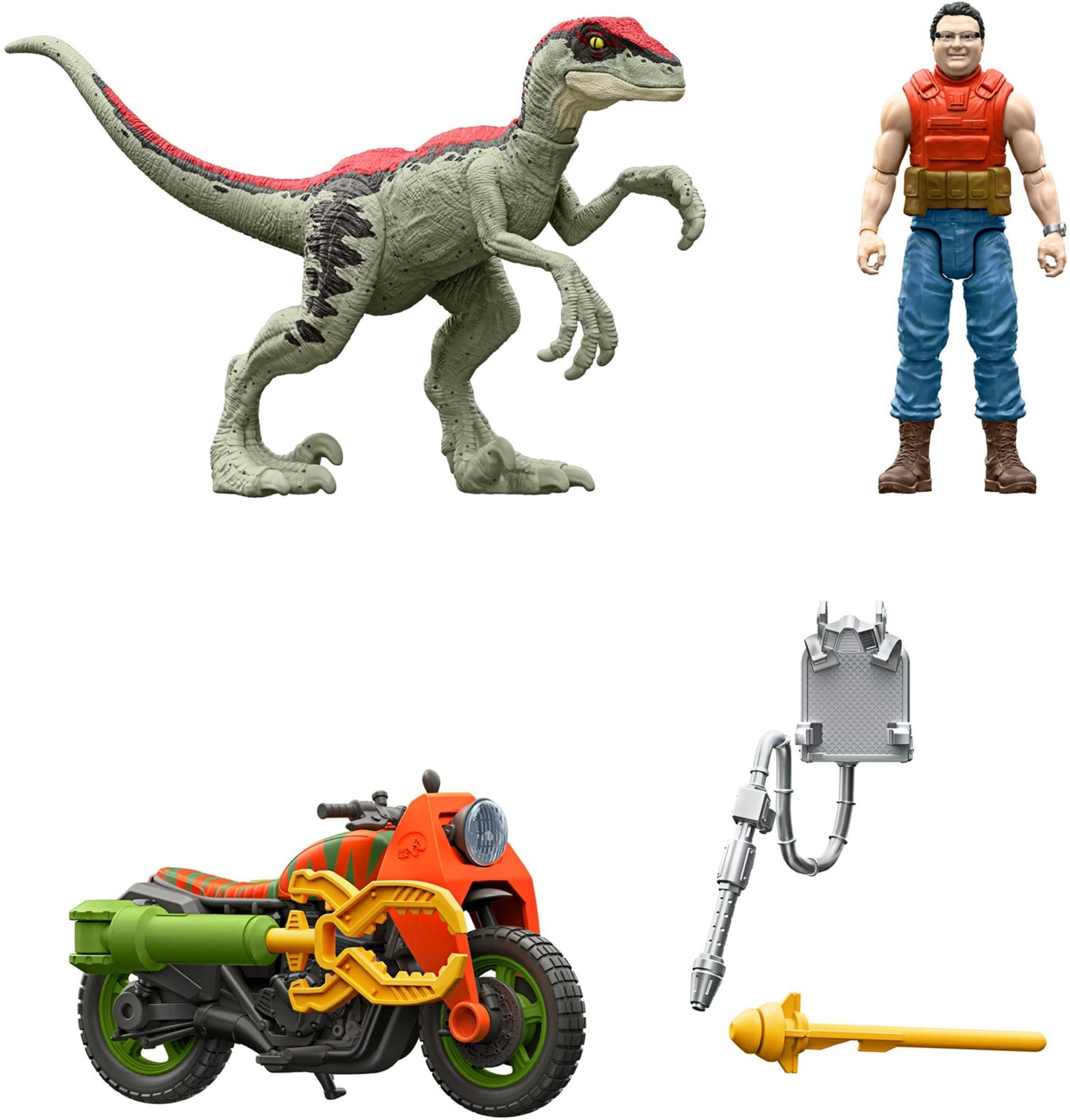 Jurassic Park ’93 Classic Dennis Nedry Action Figure, Motorcycle & Dinosaur Toy Set, 3.75-in Scale