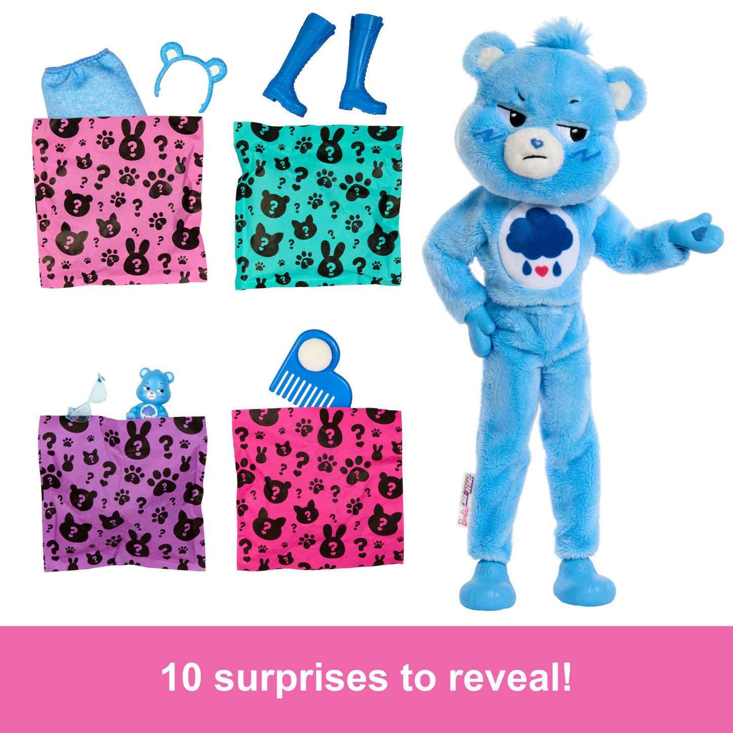 Barbie Cutie Reveal Care Bears Series Doll & Accessories in Grumpy Bear Plush Costume, 10 Surprises