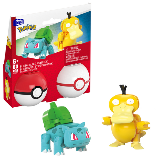 MEGA Pokémon Bulbasaur & Psyduck Building Toy Kit, 2 Action Figures (63 Pieces) For Kids