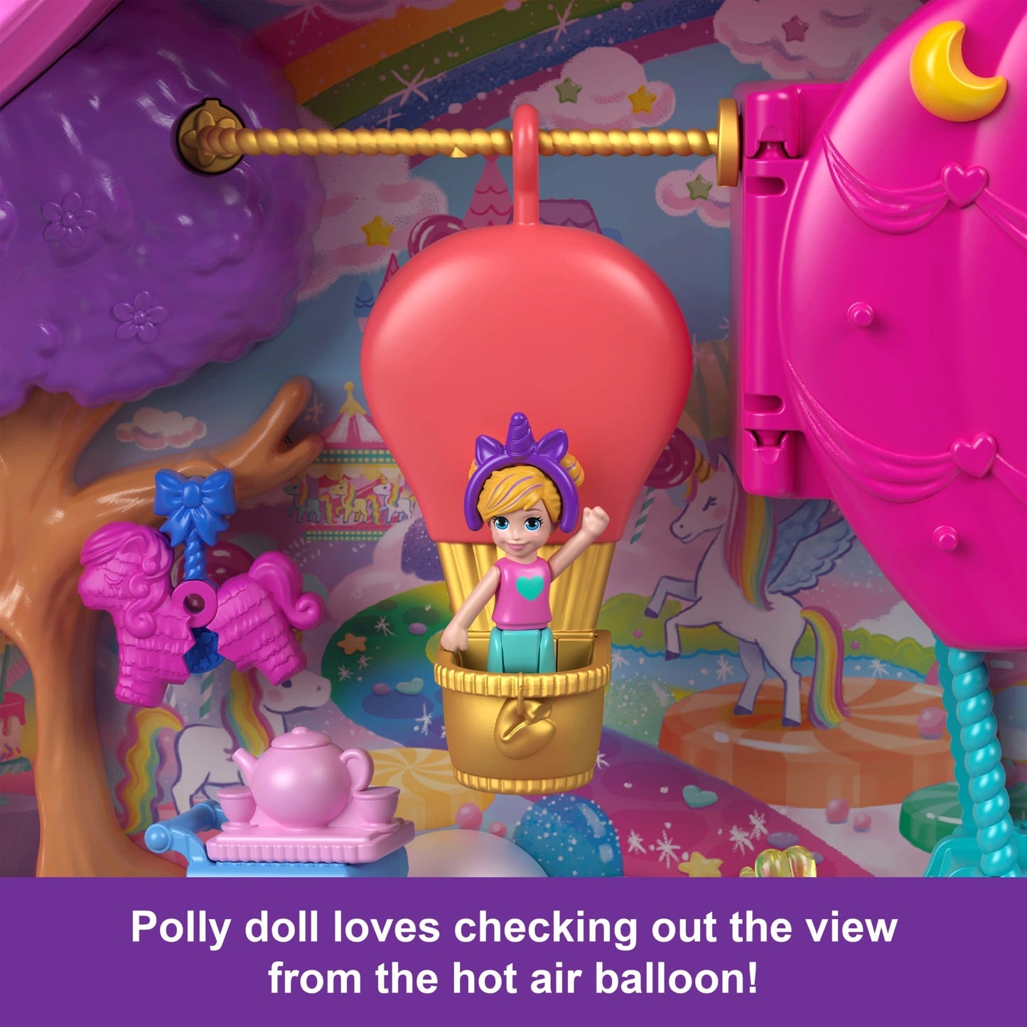 Polly Pocket Unicorn Partyland Playset With 2 Micro Dolls, Pets & 25+ Surprise Accessories, Birthday Celebration With Hot AIr Balloon Ride