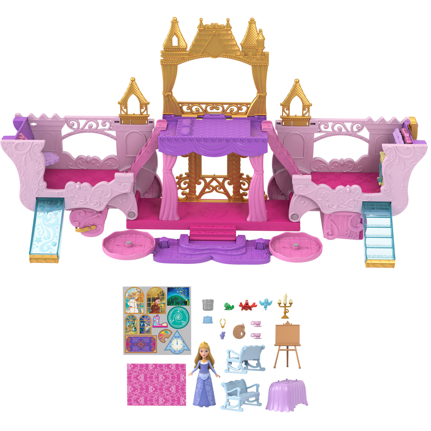 Disney Princess Carriage To Castle Transforming Playset With Aurora Small Doll, 4 Figures & 3 Levels