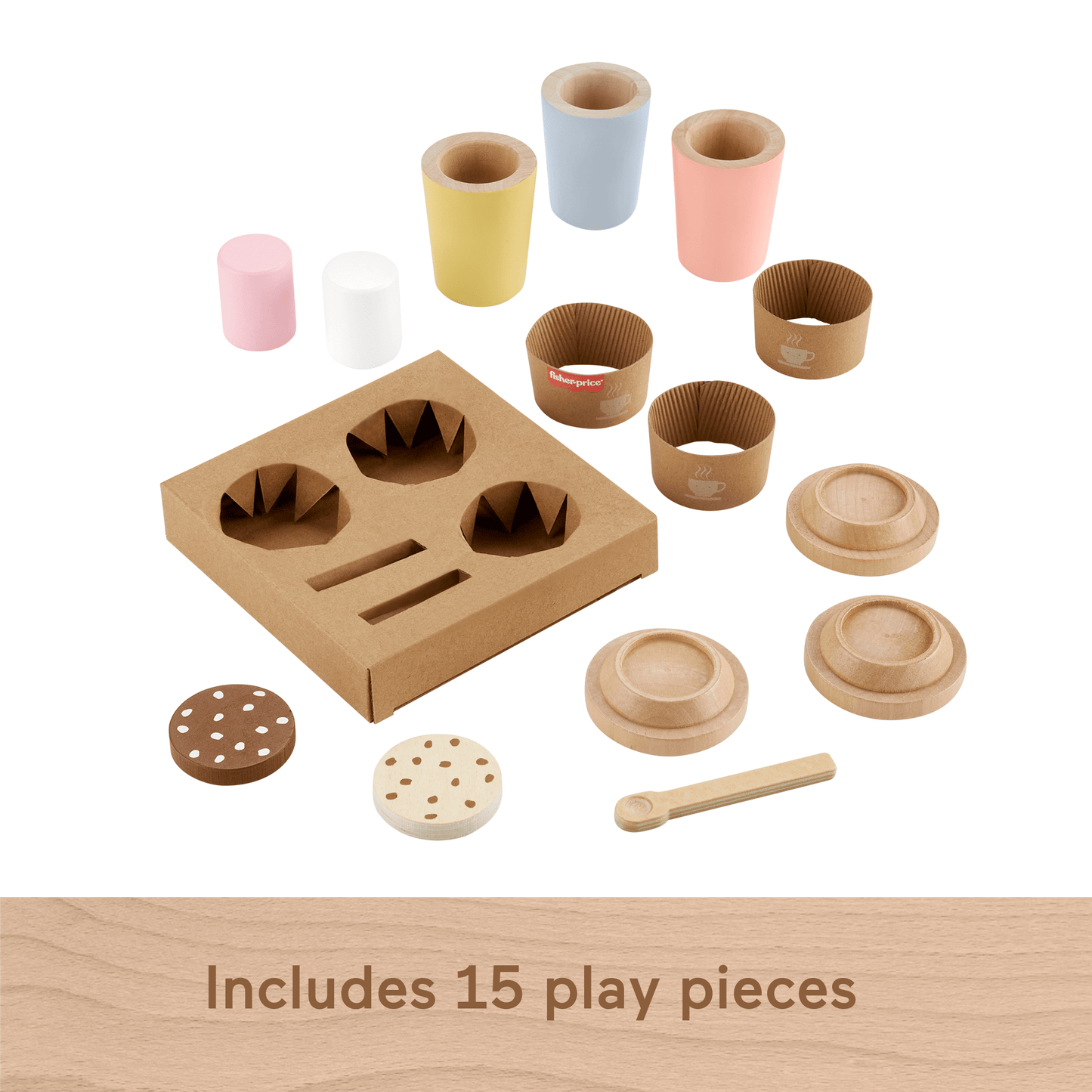 Fisher-Price Wooden Coffee To Go Set, Preschool Café Shop Playset, 15 Wood Pieces