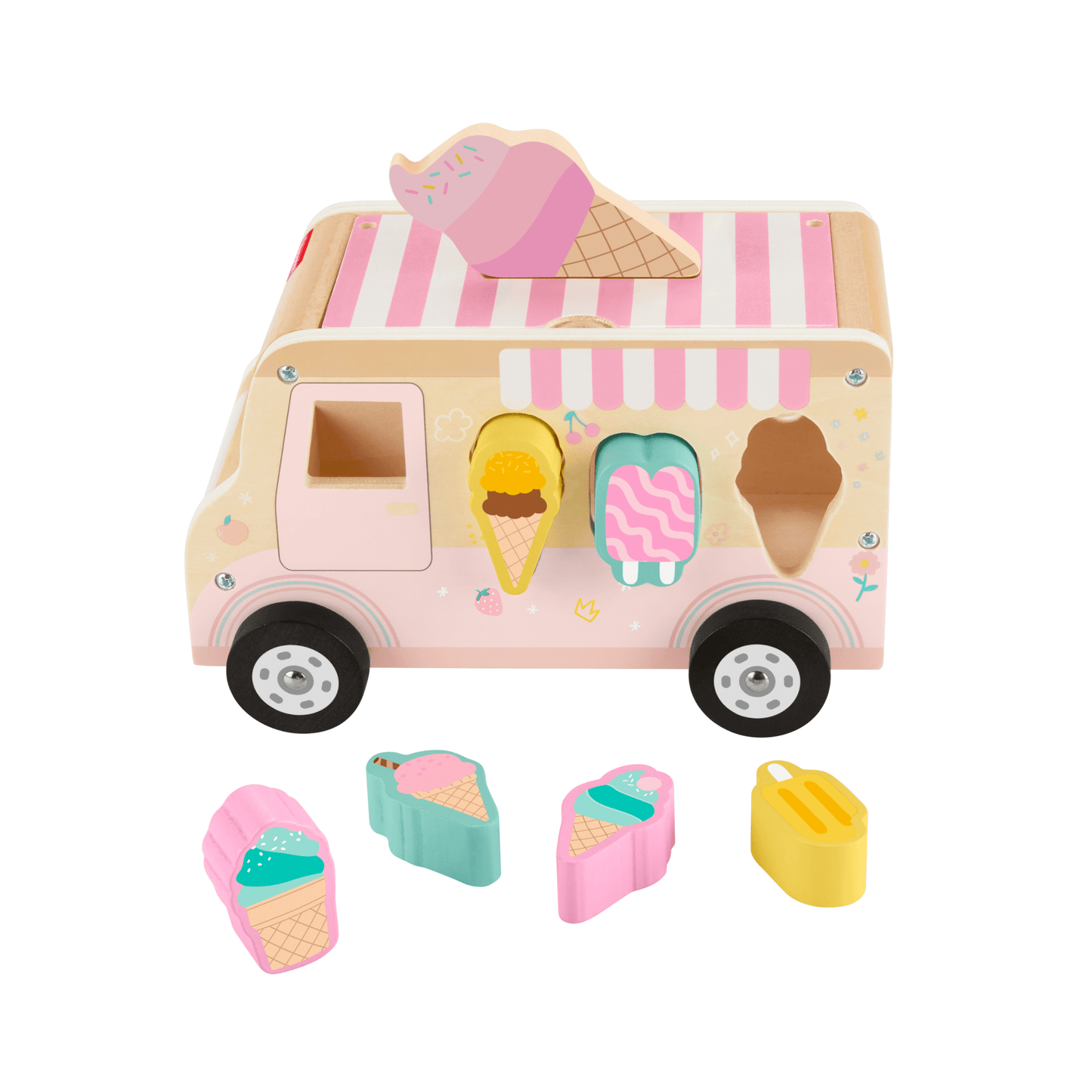 Fisher-Price Camion de Glaces Trieur de Formes en Bois, 8 Éléments