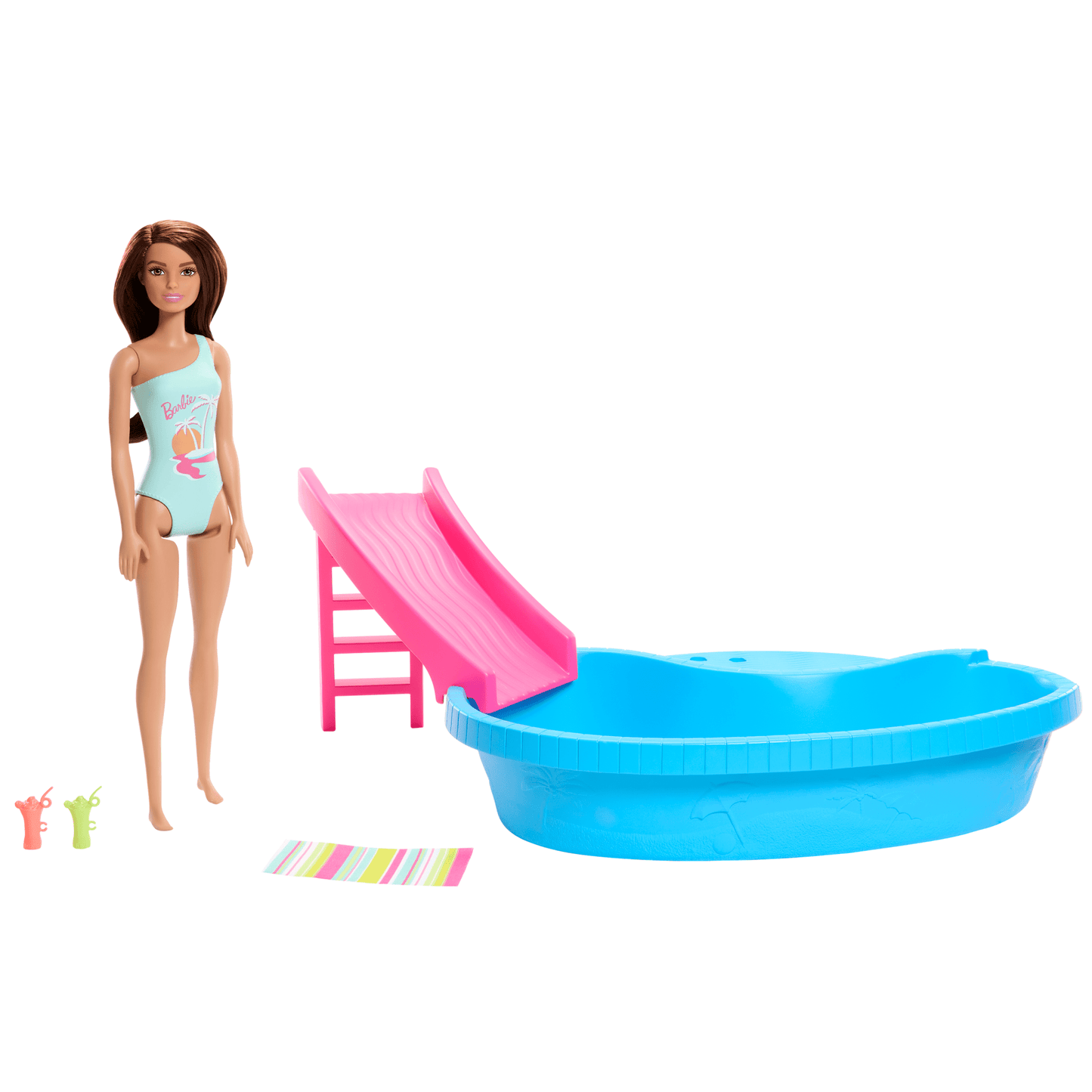 Barbie Coffret et Poupée, Brunette, Piscine, Serviette, Boissons