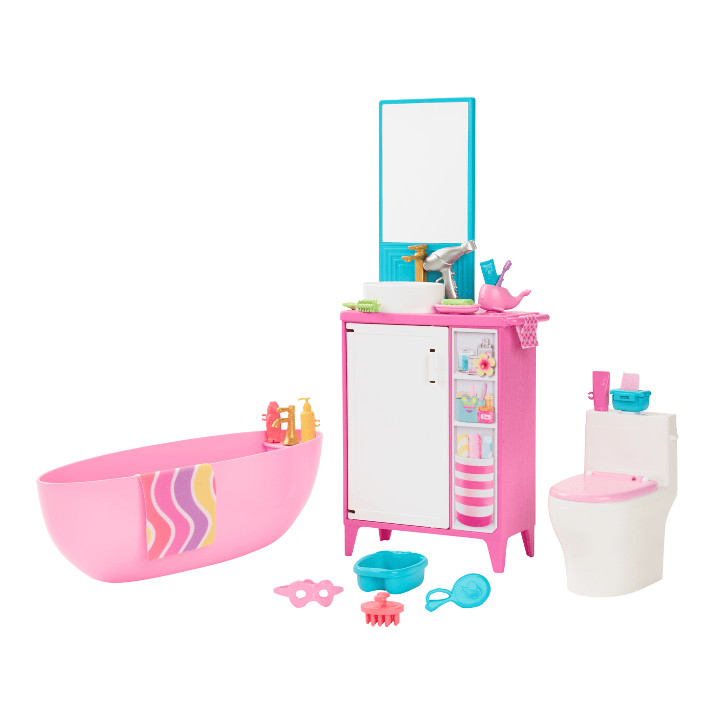 Barbie World Bathtime Toy Playset With 19 Dollhouse Accessories including Bathtub, Toilet, & Vanity