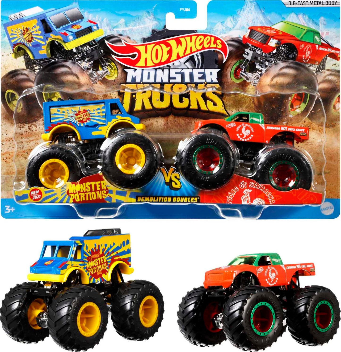 Hot Wheels Monster Trucks Vehículo de Juguete Paquete Sorpresa de 2 Autos Escala 1:64